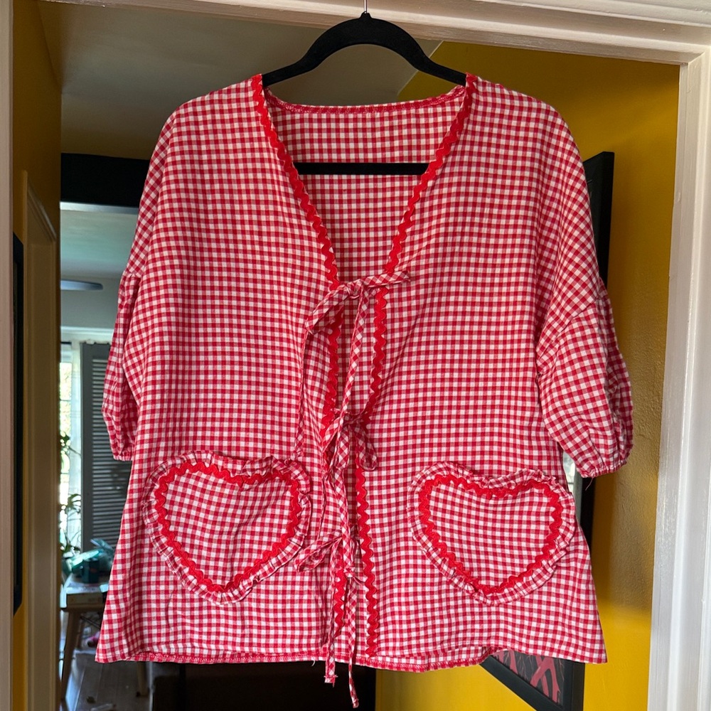 Red Gingham Tie-Front Top with Heart Pockets XL